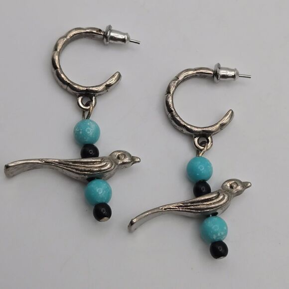 Vintage Silvertone Post Hoops Birds and Blue Beads Drop Dangle Earrings - Picture 4 of 6